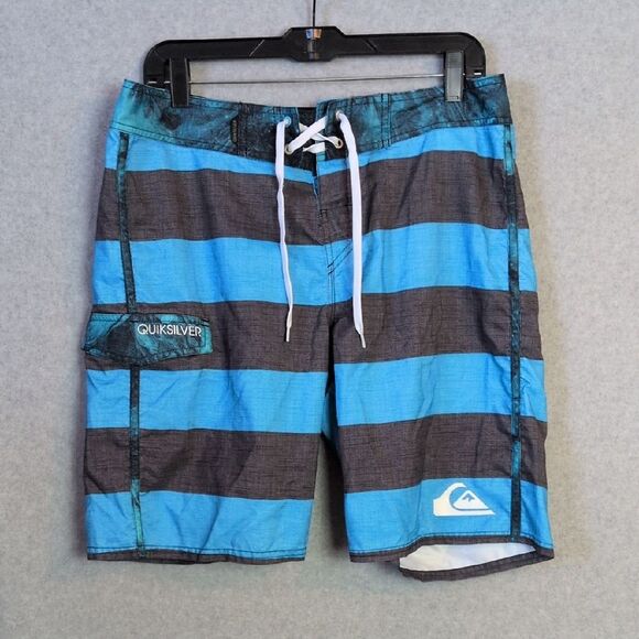 Quicksilver Blue Gray Stripe Swim Shorts Trunks Men's 32 - Picture 1 of 8